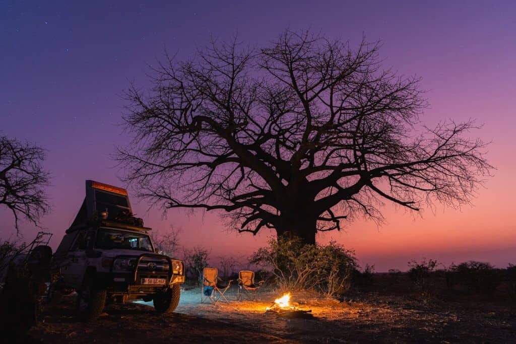 A 4x4 with roof top tent, and a campfire, with a baobab silhouetted at dusk