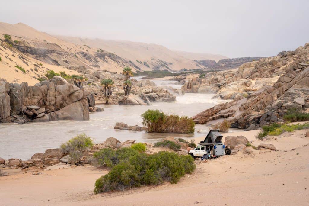 Cunene camp in the fog in Iona National Park